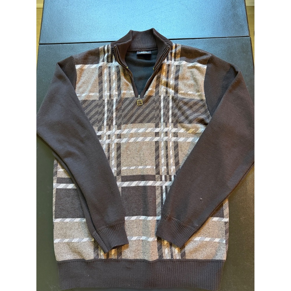 Y2K Red Ape Mens XL 1/4 Zip Sweater Brown Tan Plaid Mock Neck Long Sleeve Knit